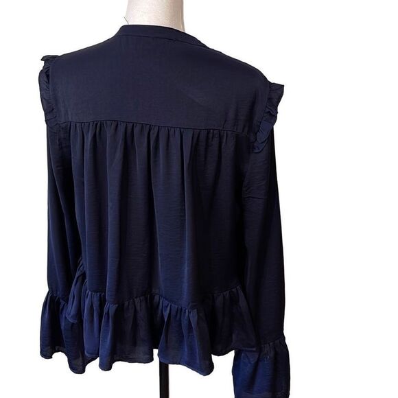 Hyfve Women's Long Sleeve Top Blouse Button Ruffle Peplum Hem Navy Blue Small - Picture 2 of 8